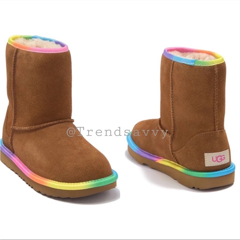 UGG Classic Short Rainbow Shearling Lined Chestnut Kids Boots Waterproof Cozy 6